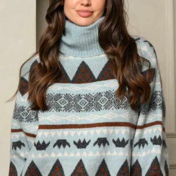 WOMEN'S TURTLE NECK MULTI PRINT SWEATER Blue - Picture 5 of 5